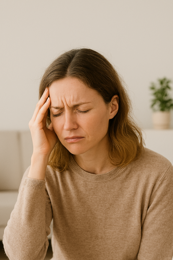 Mujer joven con el ceño fruncido y la mano en la sien, representando el desbordamiento emocional característico de una personalidad límite bajo estrés.