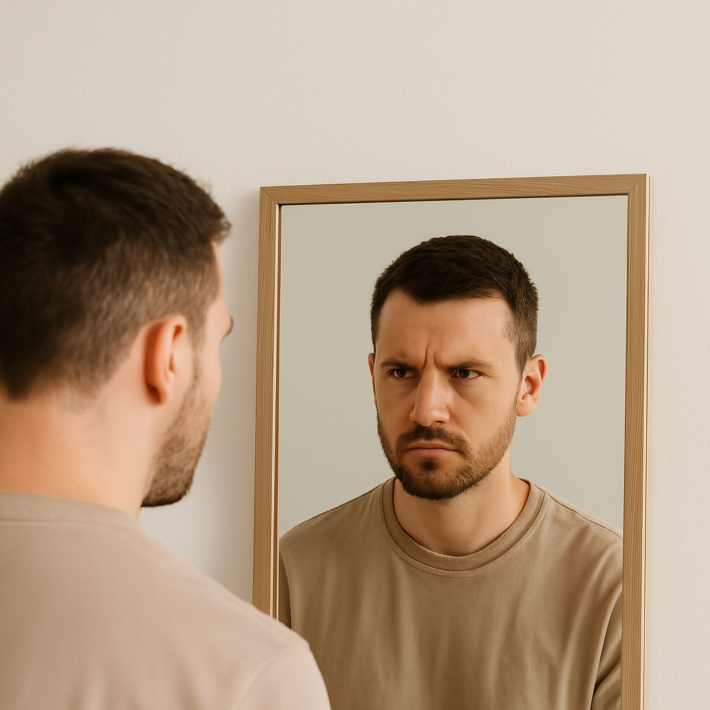 Hombre mirándose al espejo con expresión seria, simbolizando la introspección y la autoimagen en personas con personalidad narcisista bajo estrés.